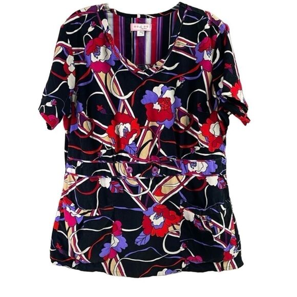 KOI Ladies Scrub Tops Cordoroy Floral
Print Short Sleeve Vneck Top Size Small - Picture 1 of 7